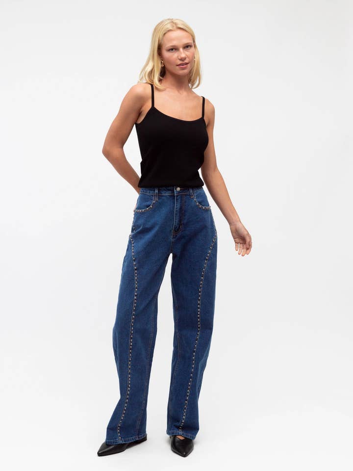 Global Fashion House - Wholesale Jeans - Women's - CONTRASTING STUDS DENIM PANTS5