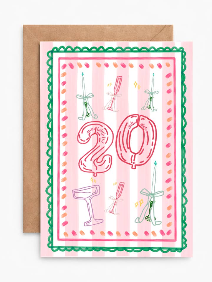 Milestone 20th Striped Illustration Greeting Card for wholesale by Crumpet Prints