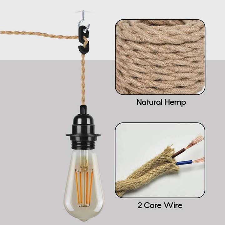 Ledsone - Wholesale Chandelier/Hanging Light - LEDSone Plug-In Hanging Pendant Light with Inline Switch in Black & Hemp~45542
