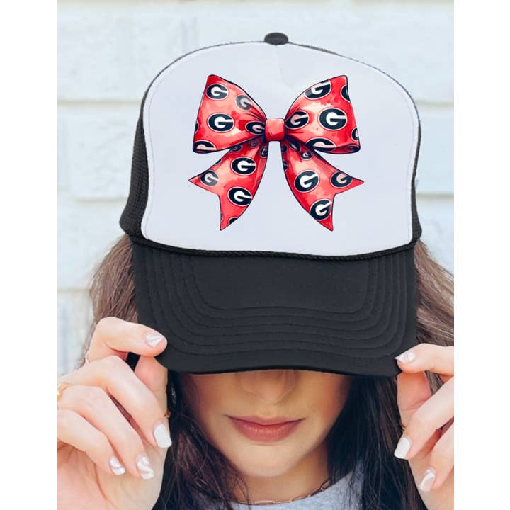 Gia Gifts Boutique - Wholesale Trucker Hat - Women's - Georgia Bulldogs Coquette Bow Football Trucker Hat GA