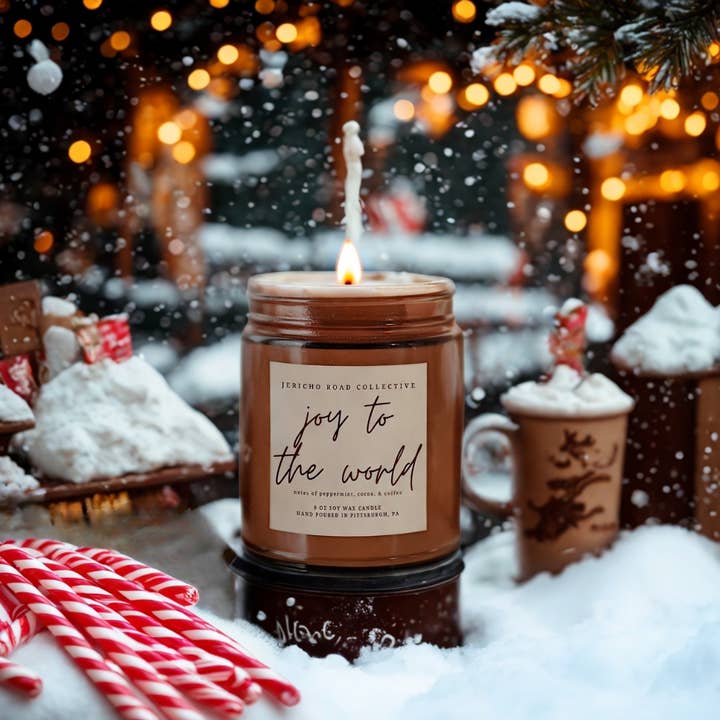 Bougie en cire de soja Joy to the World pour la vente par Jericho Road Collective