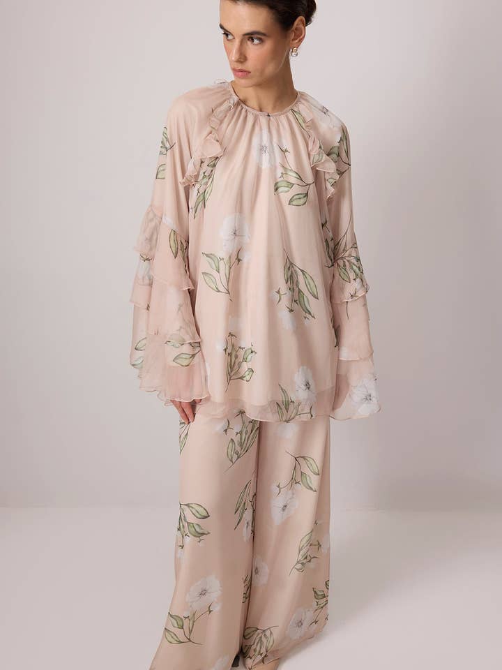 Floral Ruffle Sleeve Chiffon Tunic & Wide-Leg Pants Set for wholesale by Touché Privé