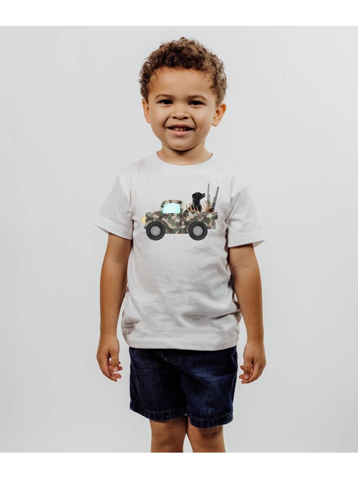 Painted Skies - Wholesale Screen Printed T-Shirt - Kids - Camo Hunting Truck With Dog Toddler Tee
