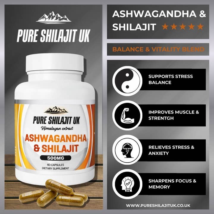 Pure Shilajit UK - Vente Supplément oral/vitamine - Capsules d'Ashwagandha & Shilajit – Mélange Adaptogène Quotidien1