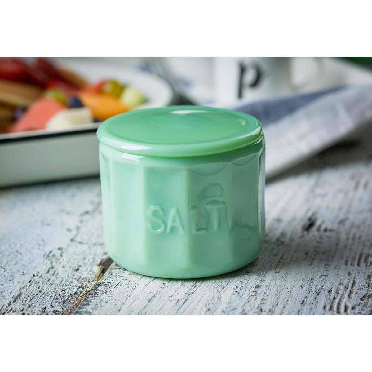 TableCraft Products Company - Wholesale Salt Mill - Jadeite Glass Collection Salt Cellar With Lid1