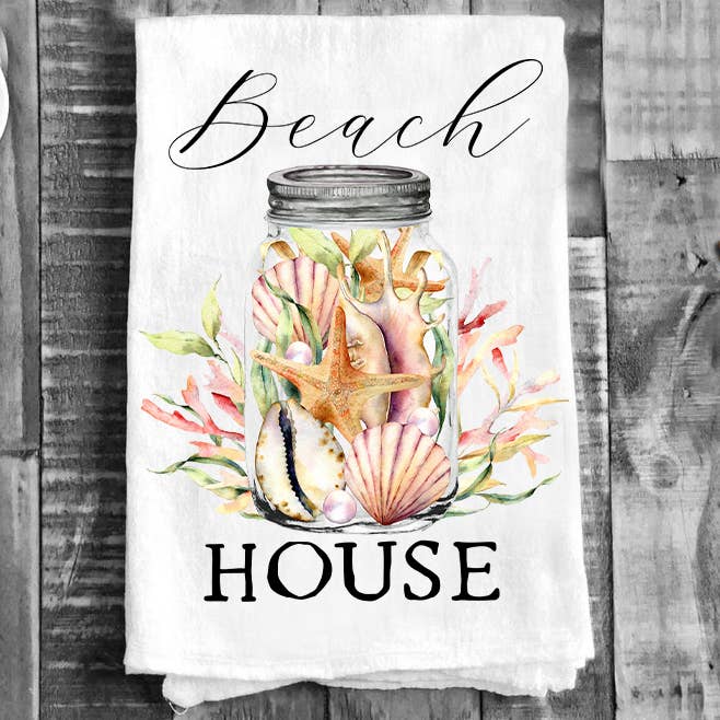Avery Lane Gifts – Toalha de chá por atacado – Beach House Mason Jar Conchas do mar Saco de farinha Toalha de chá