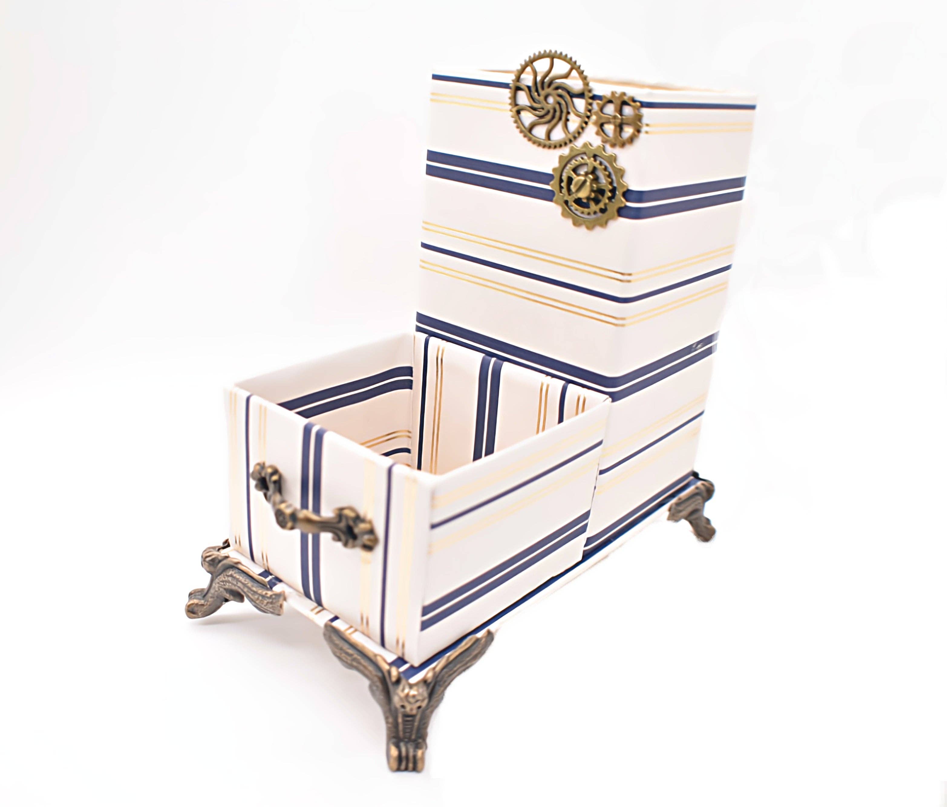 Chic Brico - Wholesale Desk Organizer - Navy Blue & Gold Nautical Stripes Desktop Organizer for Pens and Clips w/Metal Gears Accent1