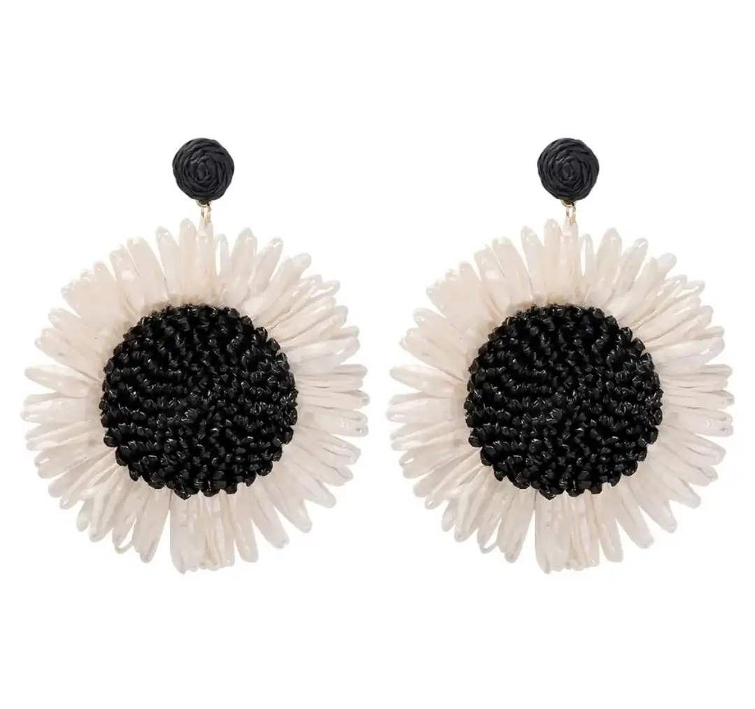 Nicholls Jewellery - Wholesale Dangle Earrings - Boho Woven Black and White Sunflower Earrings3