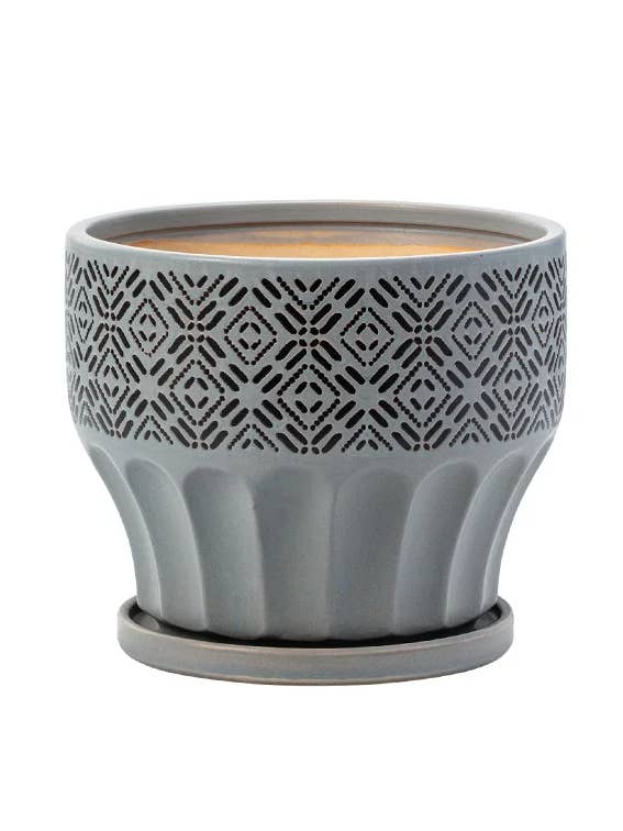 Grey Tile Patterned Planter with Saucer Item #14740 for wholesale by Napco