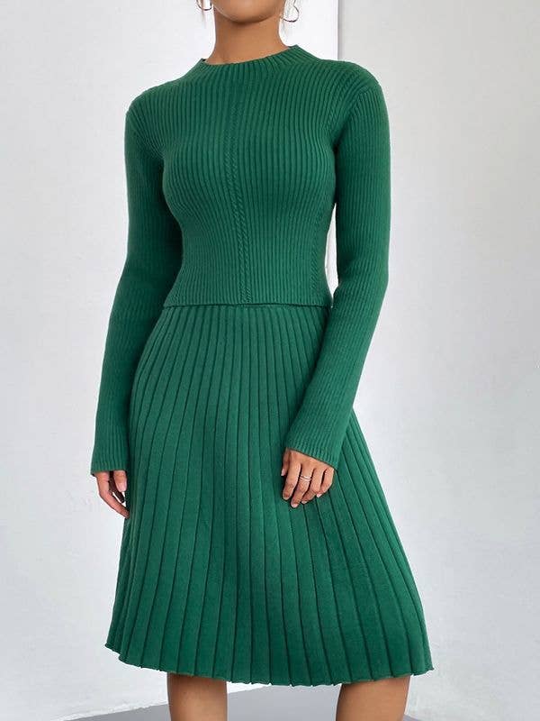 HIDDENBRAND - Wholesale Top & Skirt Set - Women's - Knitted Sweater Pleated Skirt Two-Piece Set