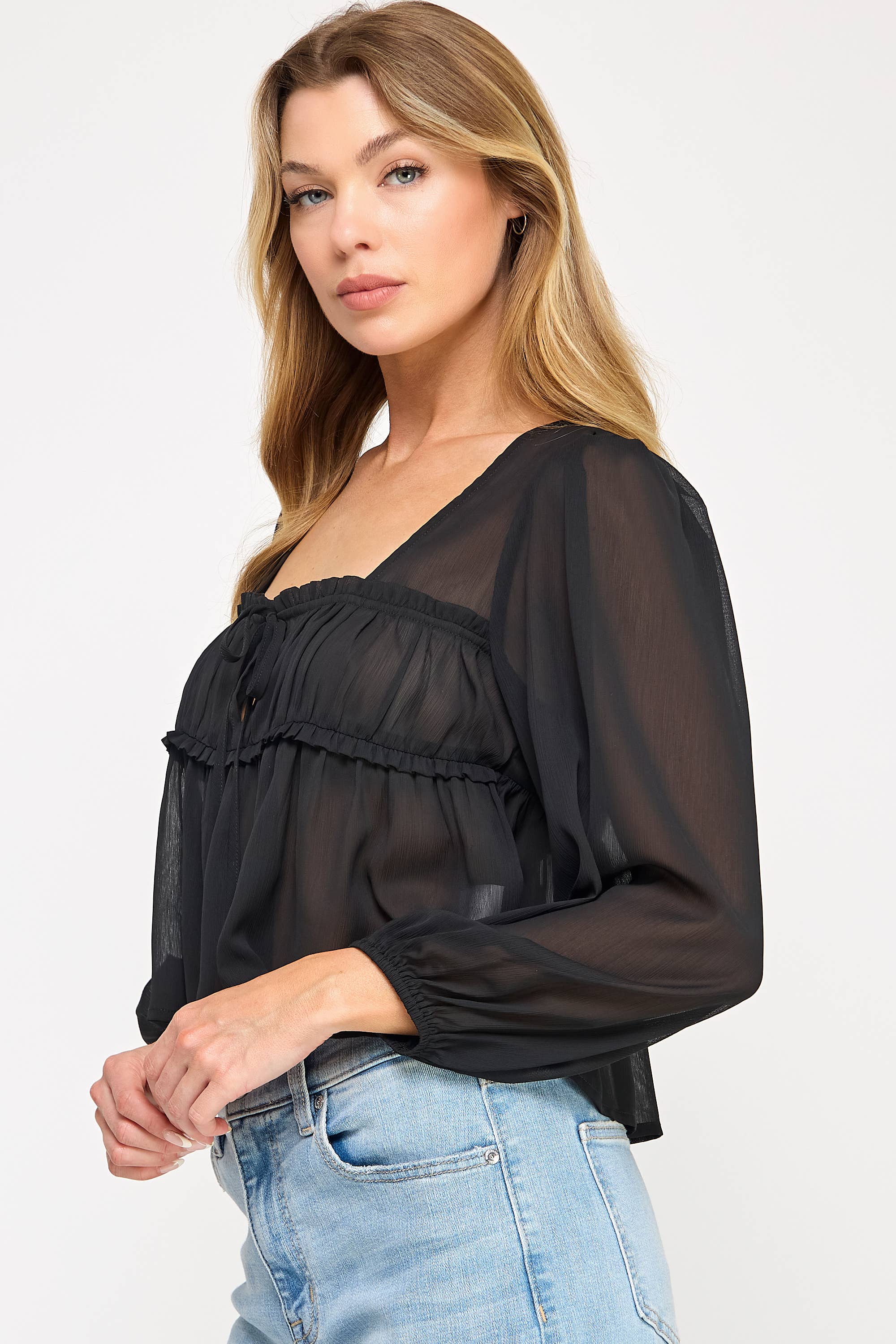 Vestis M - Vente Chemisier – femme - Haut à manches bouffantes transparentes en chiffon à encolure carrée - Noir1