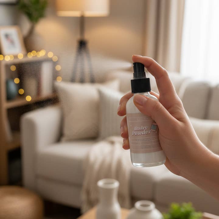 Spray de Pó de Talco para Quarto e Roupa 4 oz - Não Tóxico - Decoração de Casa por atacado de Que Cute