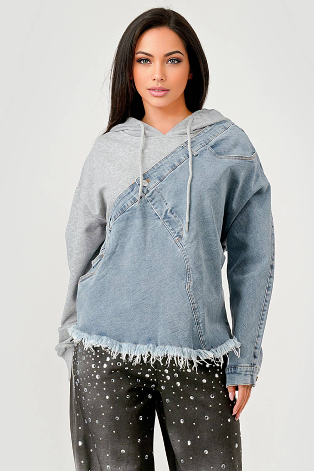 GREY COMBO NT1088A Denim and Hoodie Contrast Top for wholesale on Faire2