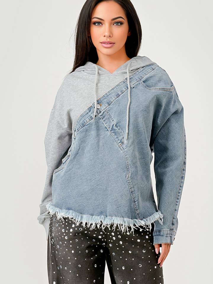 GREY COMBO NT1088A Denim and Hoodie Contrast Top for wholesale on Faire2