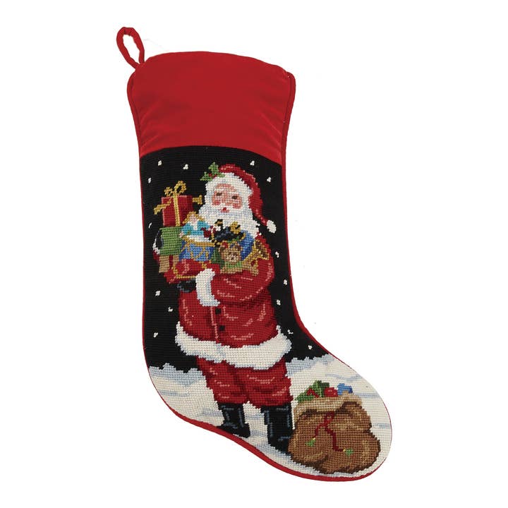 Peking Handicraft - Wholesale Holiday Stocking - Standing Santa With Toys Needlepoint Stocking