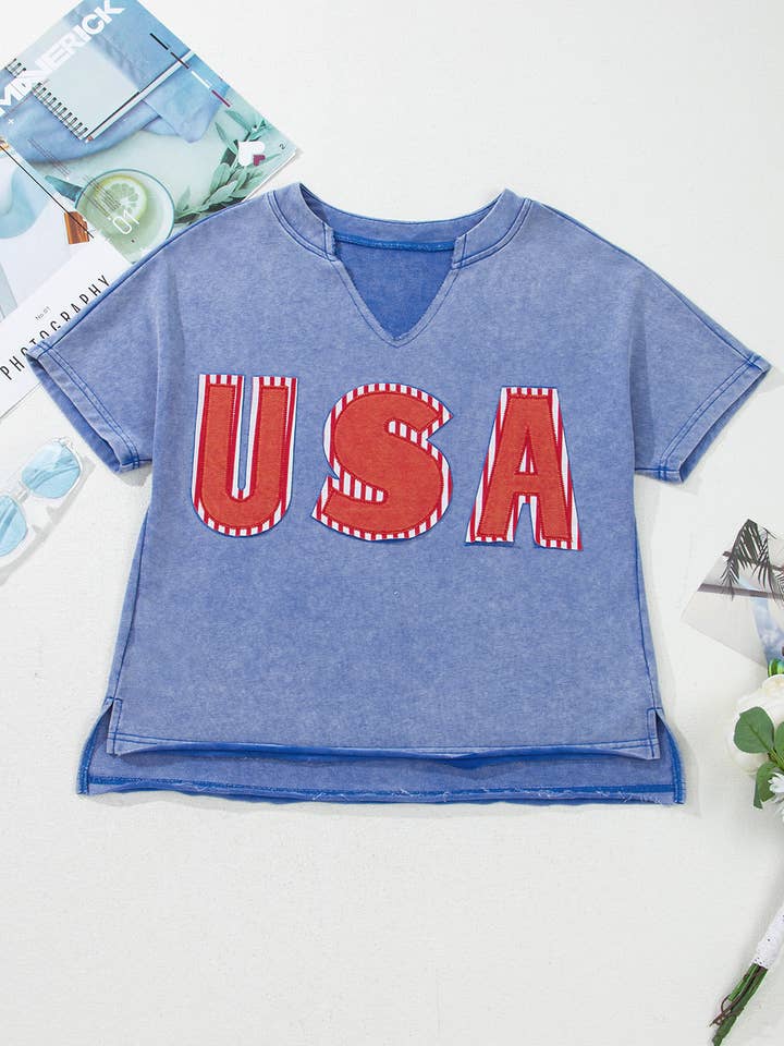 Blue USA Patch Mineral Wash Notch V Neck Vintage Graphic T Shirt for wholesale on Faire