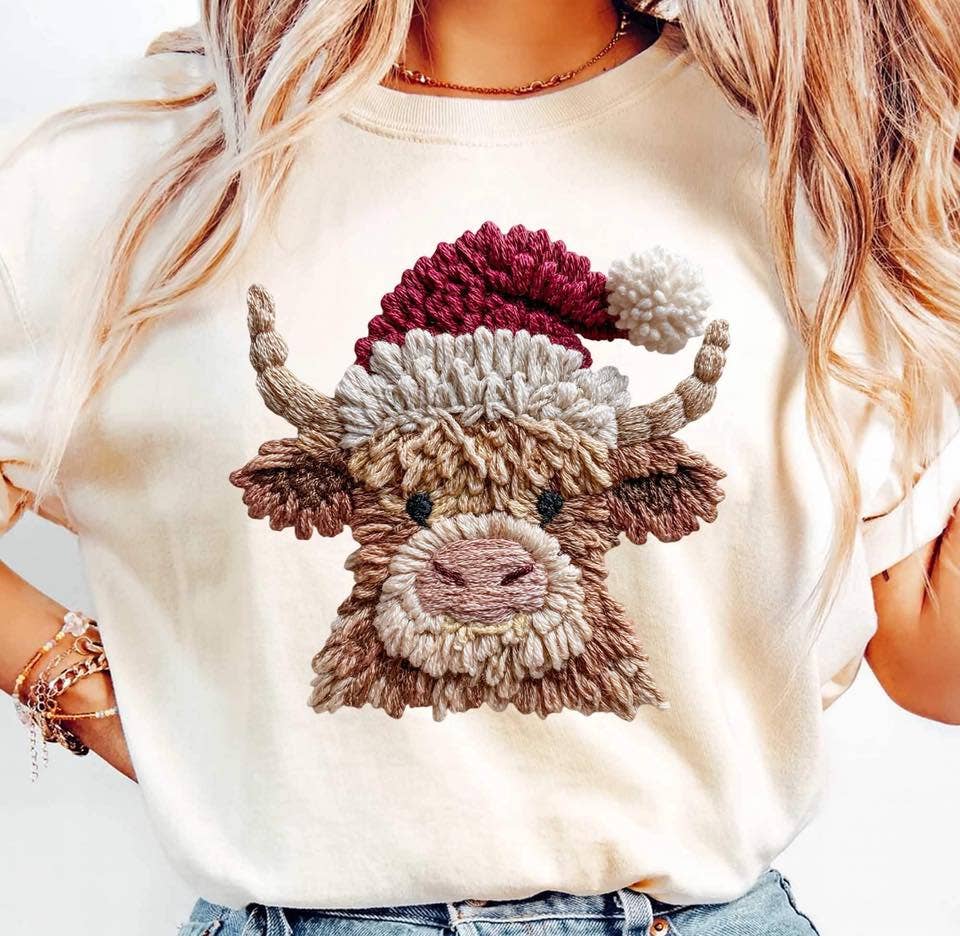 Lasting Impressions CT - Vendita all'ingrosso Felpa - Donna - WS Natale Ricamo Finto Mucca delle Highland Grafica Western T