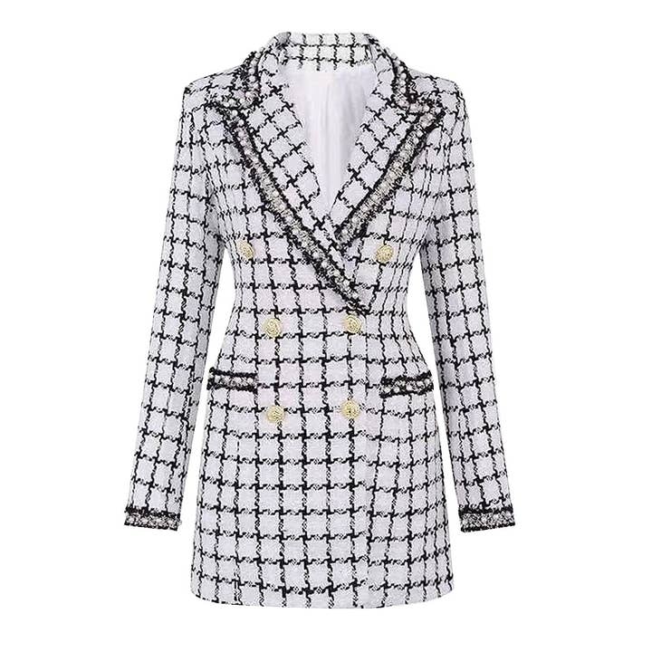 SY355 Elegante Retro Lange Tweed Blazer met Gouden Knopen voor wholesale door Sanyao Fashion