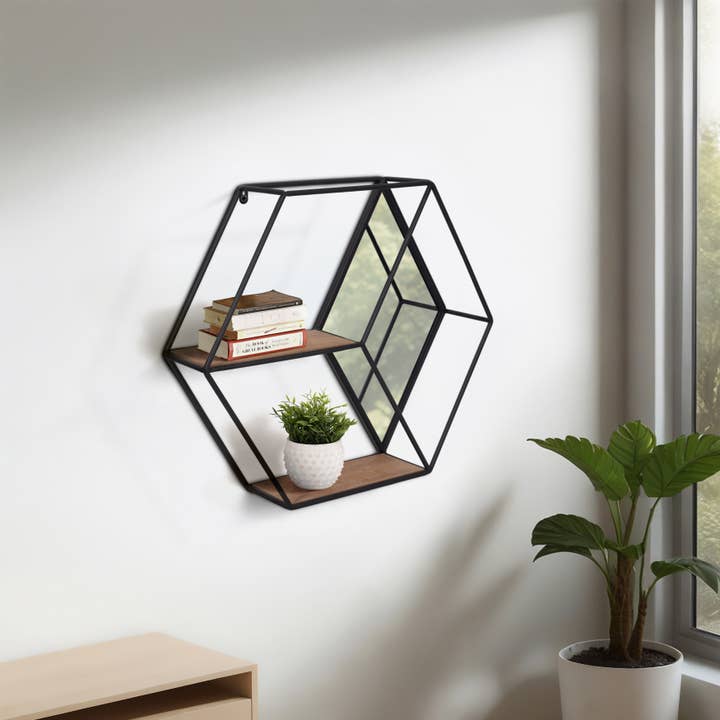 Sagebrook Home – wholesale Förvaringsbehållare – Svart 20 tum Metall/Trä Hexagon Spegelväggshylla i Casual stil