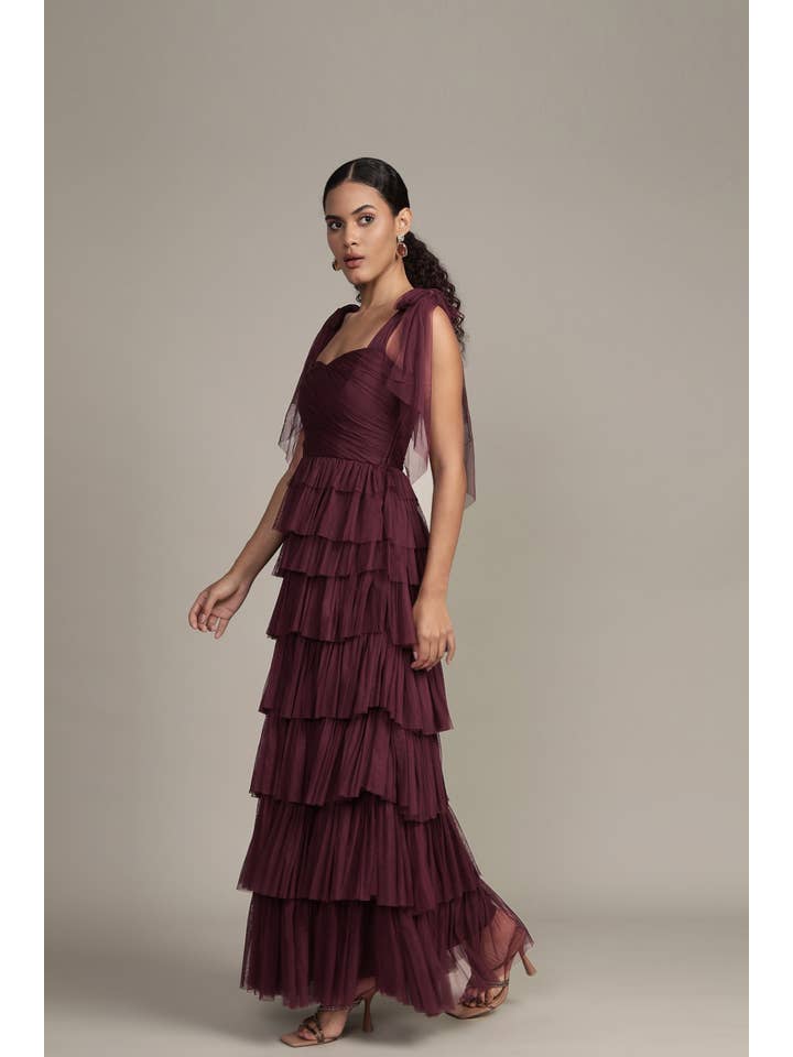 Ophelia Tulle Maxi Dress with Tie Detail in Plum for wholesale on Faire5