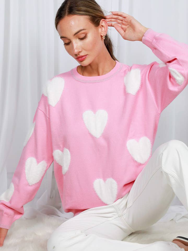 Fuzzy Cute Heart Accent Crew Neck Knitted Sweater VT82027 for wholesale by Vine & Love