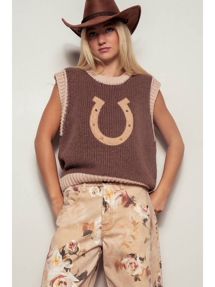 Urban Daizy - Wholesale Sweater Vest - Women's - Western Horseshoe Crochet Knit Ribbed Trim Sweater Vest
