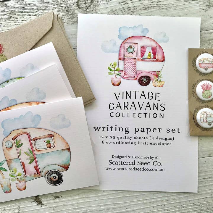 Scattered Seed Co - Wholesale Stationery/notecard set - VINTAGE CARAVANS cards set of 4 - Glamping5
