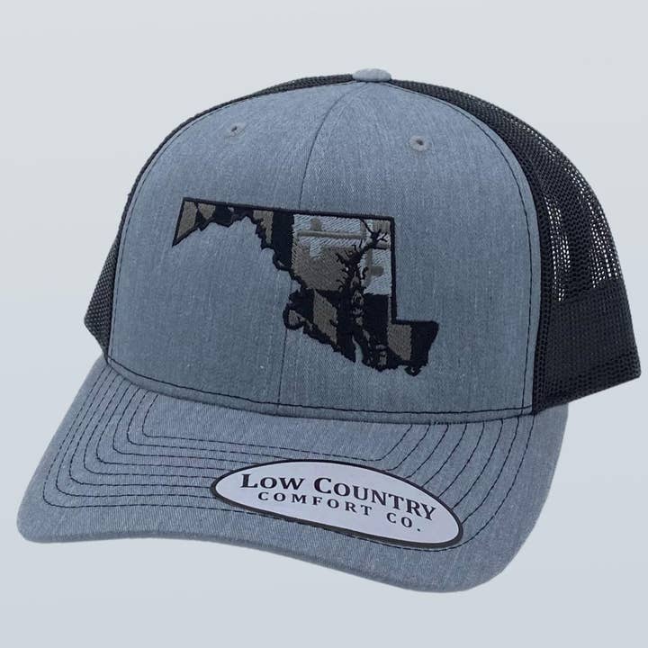 Riverbed Threads - Wholesale Trucker Hat - Unisex - Maryland Flag Greyscale Heather/Black Hat