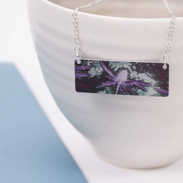 Botanical Inspired Purple Thistle Pendant Necklace for wholesale by Gillian Arnold Jewellery