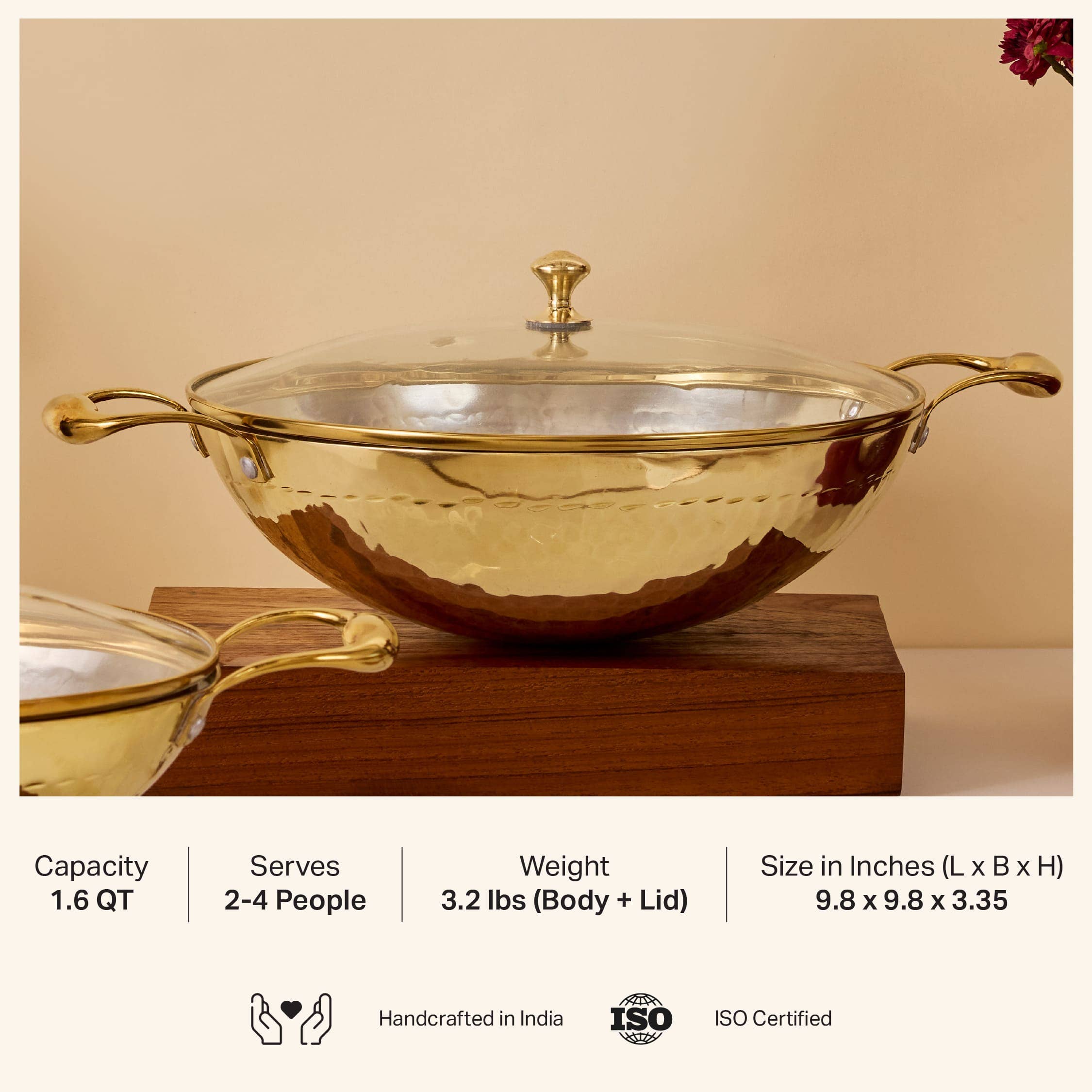 P-TAL – wholesale Cookware set – Brass Essentials Combo Set (Brass Roti Tawa with Insulated handle, Brass Ghee Pot, Brass Kadhai with Insulated handles & Glass lid)3