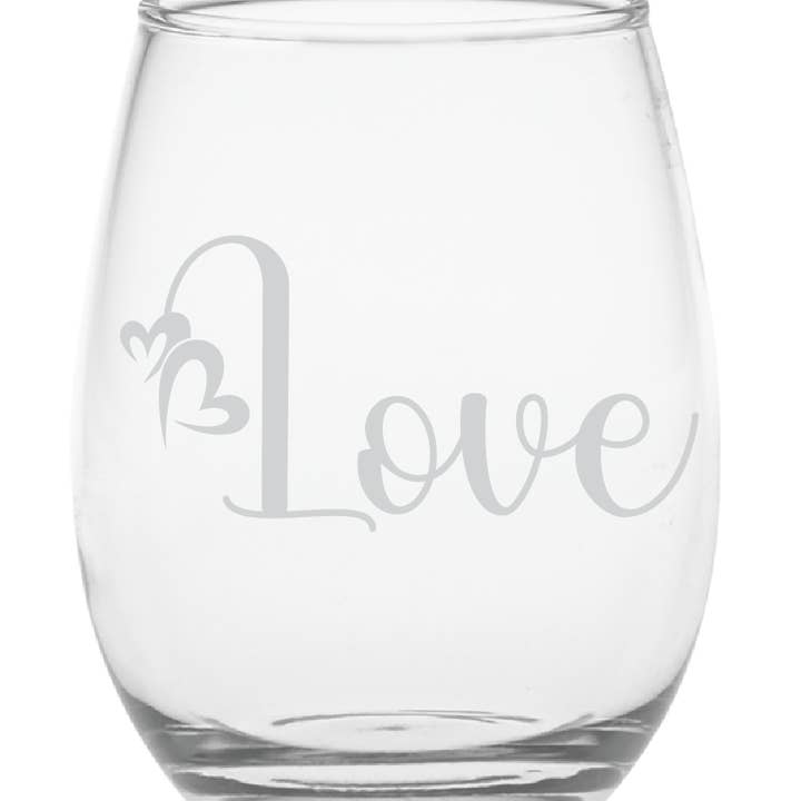 Love, Valentine Day Custom Etched 15oz stemless wine glass for wholesale by Oh It's A Party