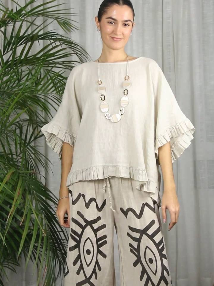 Linen & More - Wholesale Blouse - Women's - REF 10740 100% LINEN RUFFLE BLOUSE