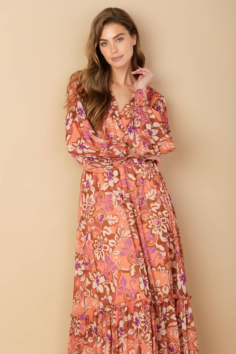 BROWN PURPLE A printed woven maxi dress - ID21806 for wholesale on Faire5