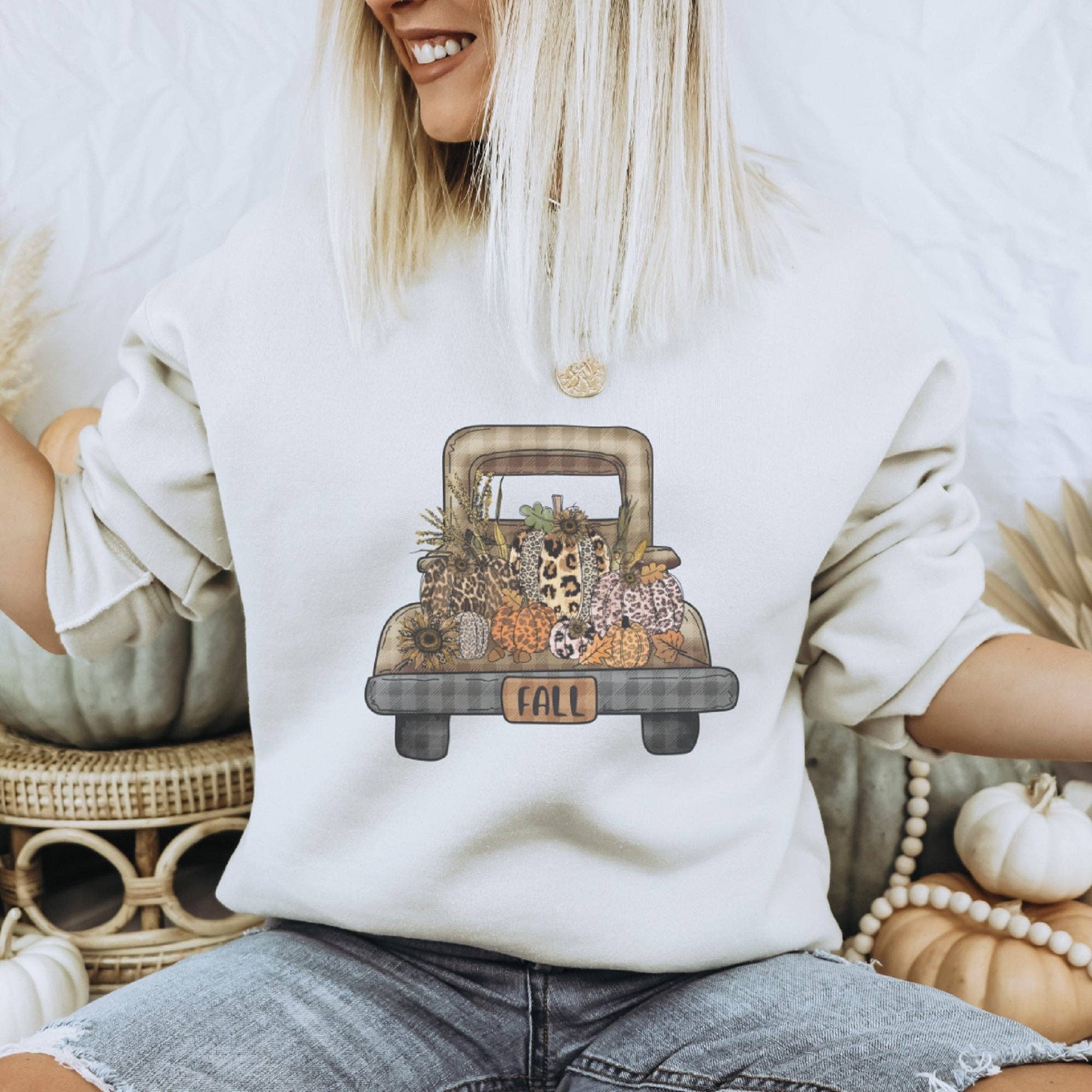 Trendznmore - Modern Graphic Apparel - Wholesale Graphic Sweatshirt - Women's - Vintage Fall Leopard Pumpkin Truck Crewneck Sweatshirt2