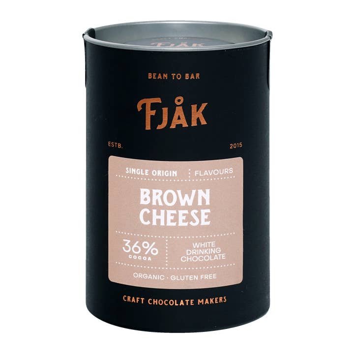 Fjak Drinking Chocolate White w/ Brown Cheese for wholesale by Bar & Cocoa Chocolate
