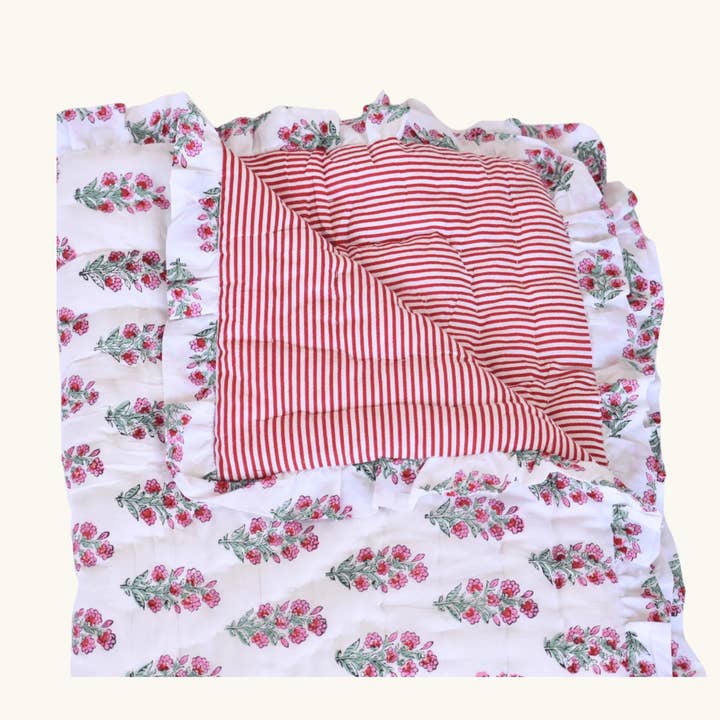 House of Alaan - Wholesale Throw Blanket - Cherry Stripe Ruffle Throw – Block Printed, Reversible Muslin1