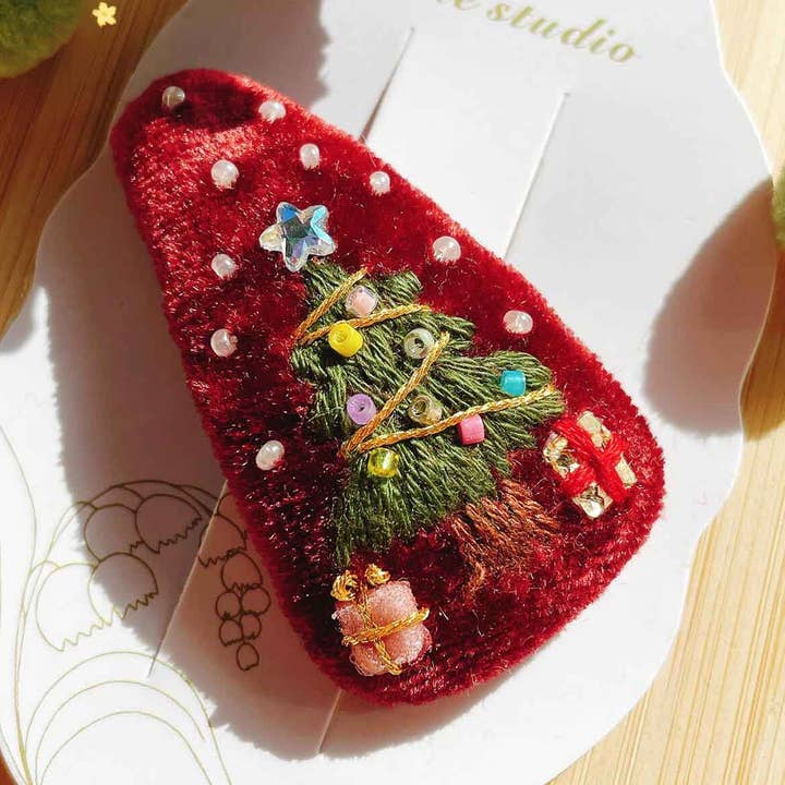 Fermaglio per capelli albero di Natale in velluto fatto a mano per la vendita all'ingrosso da parte di miuelor