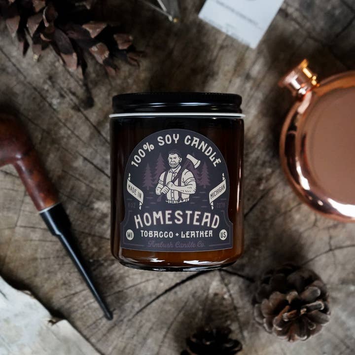 Ambush Candle Co. – wholesale Jar/filled candle – Homestead | Tobacco + Leather 8oz Soy Candle1