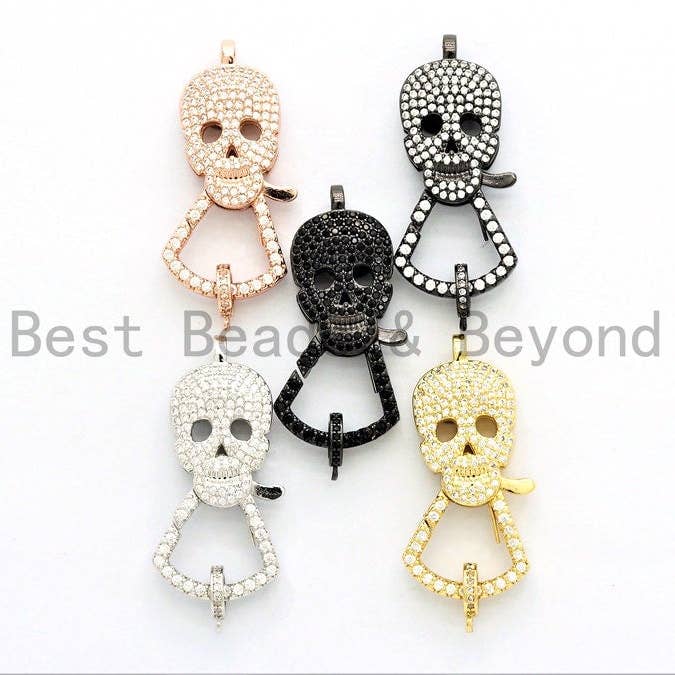 CZ Micro Pave Skull Lobster Claw Clasp, grande teschio Pave Clasp/Pendant Connector, Cubic Zirconia Pave Clasp/Connector/Link,17x37mm, sku #H131 per la vendita all'ingrosso da parte di BestBeads&Beyond