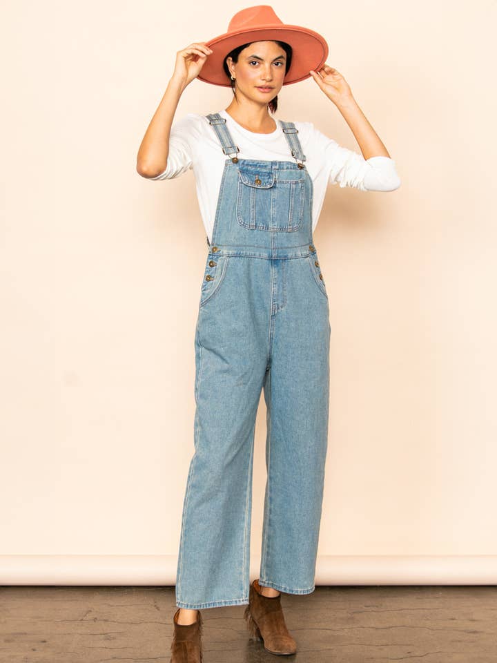 Mom Fit Vintage Wash Blue Denim Overalls for wholesale on Faire