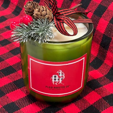 Bougie de soja en verre vert ou rouge HOLIDAY (« Vintage Christmas ») pour la vente par Plaid Rooster Co