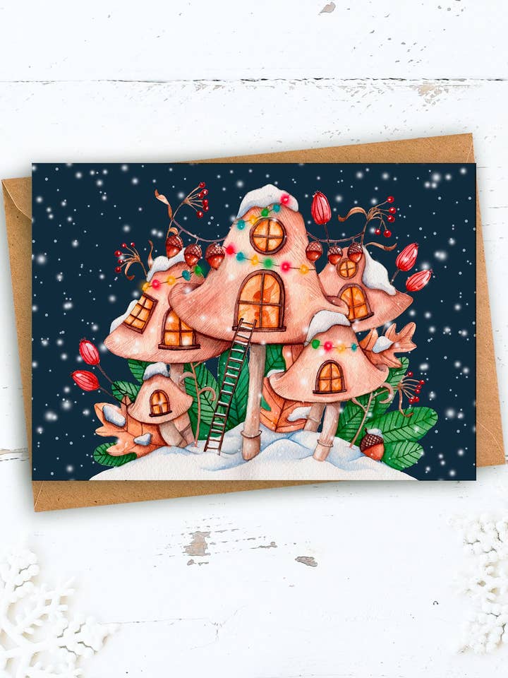 Mushroom Village | Christmas Card for wholesale by Sarah Choquette Scott Artiste