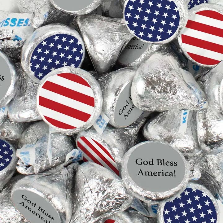Patriotic Stickered Milk Chocolate Silver Hershey's Kisses 57ct - Patriotic American Flag for wholesale by Just Candy
