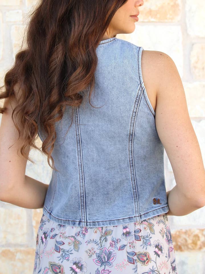 Mid Wash Denim Vest in Mid-Wash for wholesale on Faire4