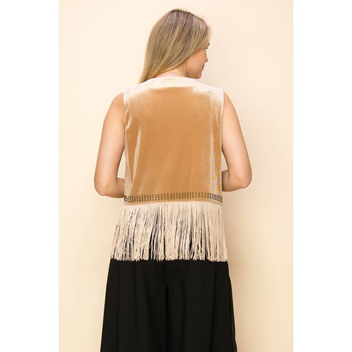 VOCAL - Wholesale Outerwear Vest - Women's - VELVET FRINGE VEST WITH PAISLEY STUDS