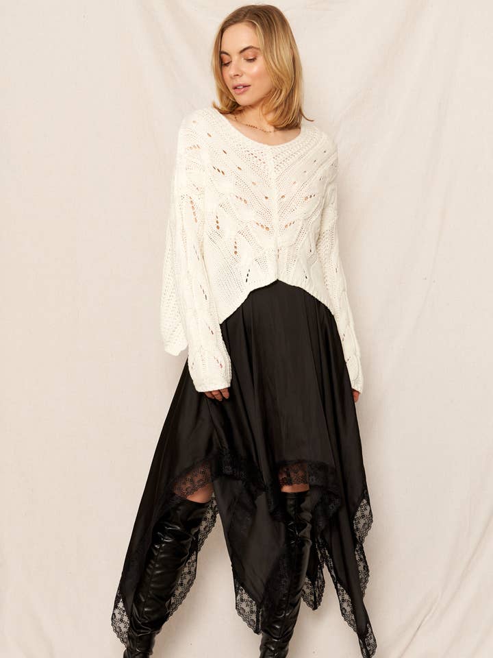 Black Uneven Hem Lace Trim Midi Skirt for wholesale on Faire