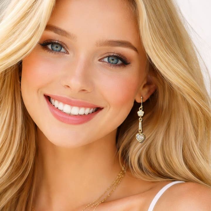 CRYSTAL HEART AND FLOWER DANGLE EARRINGS for wholesale by SOPHIA WHOLESALE