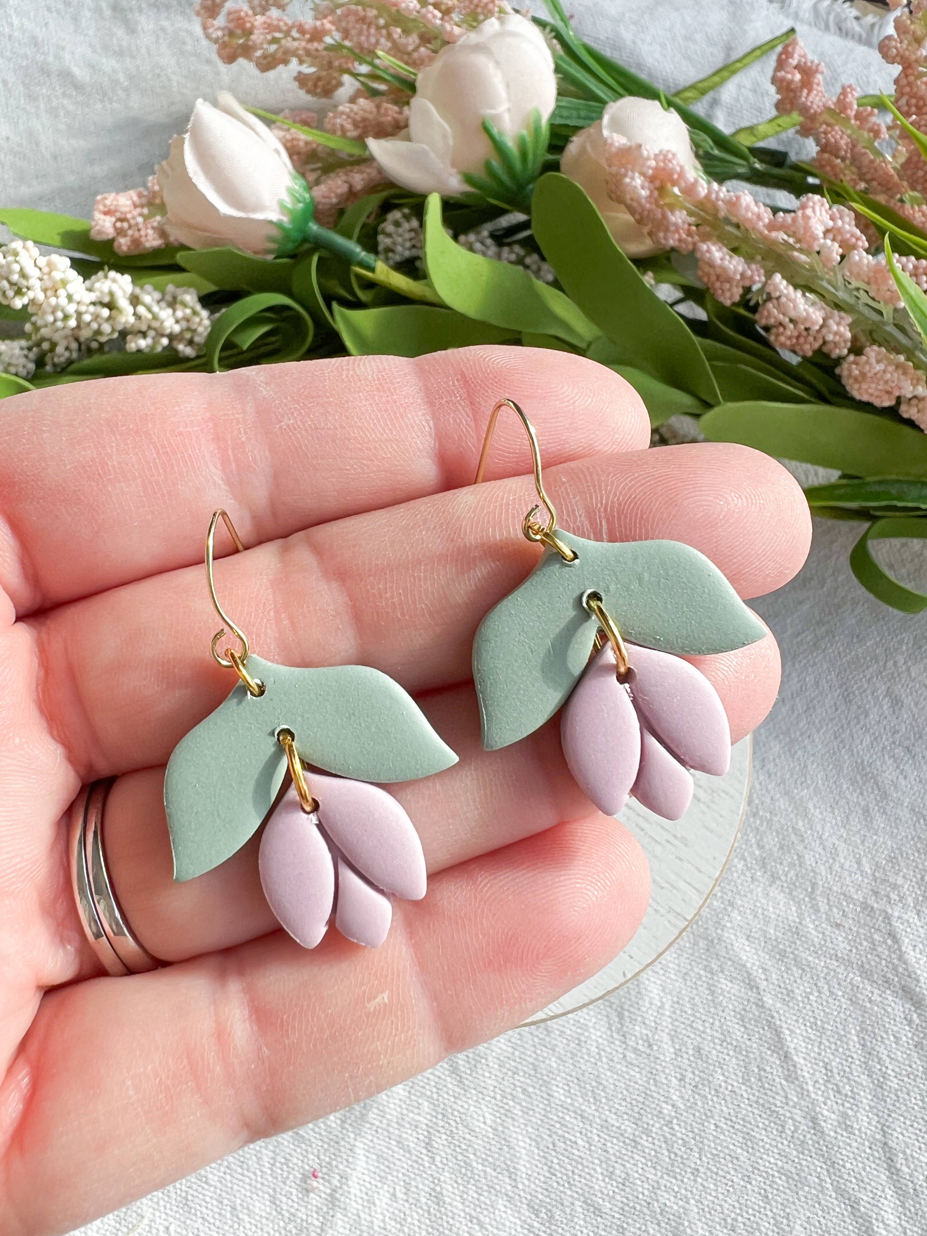Morning Dew Designs - Wholesale Dangle Earrings - Soft Pastel Tulip Drop Leaf Polymer Clay Earrings2