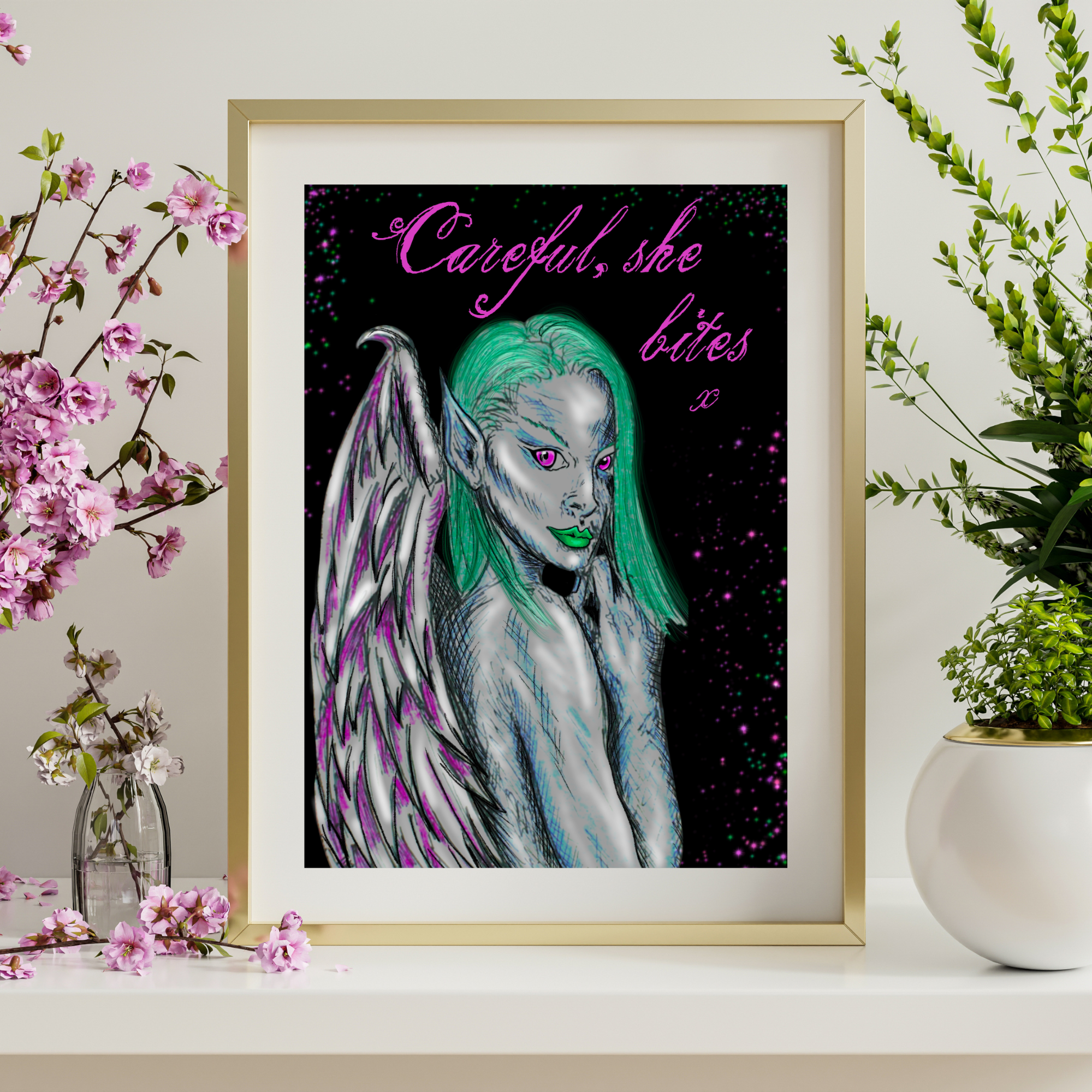 Hannah Kate Makes - Wholesale Art Print - Dark Angel Art Print - Careful She Bites - A5/A4  Pink/Green0