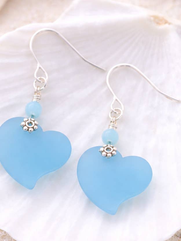 Blue Heart Sea Glass Silver Dangle Earrings for wholesale by Bad Apple Designs